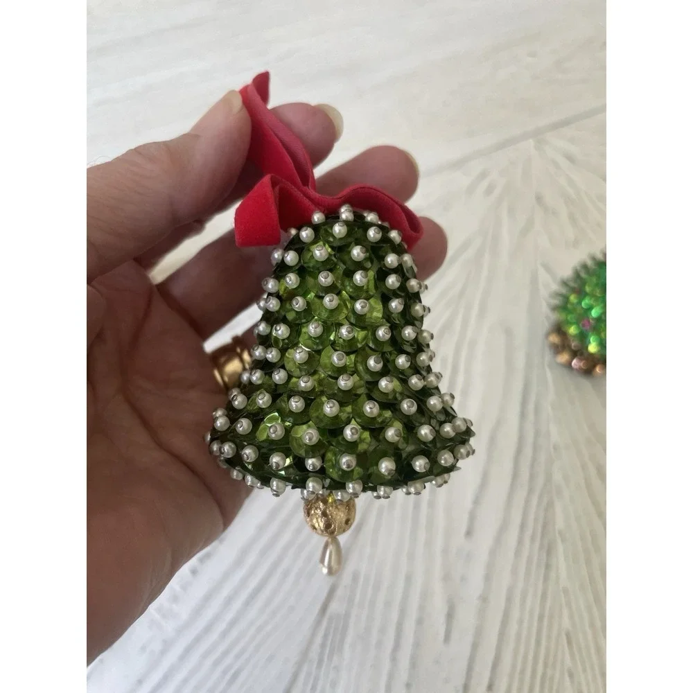 Vtg Holiday Handmade Beaded Sequined Christmas Ornaments Set  4 Tree Bells Ball